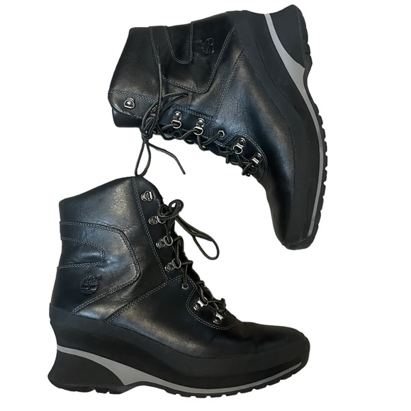 Timberland Black Leather Wedge Boots Lace Up Moto Ankle Boot Womens 8.5 - Picture 4 of 8